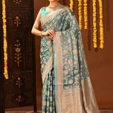 Classic Aqua Blue Floral Jaal Banarasi Silk Saree