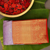 Pure Kanjivaram Silk Saree — Lavender With Orange-Red Contrast Border & Gold Zari Floral Pallu