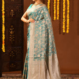 Classic Aqua Blue Floral Jaal Banarasi Silk Saree