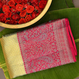 Sage Green Kanjivaram Silk Saree With Magenta Paisley Zari Border