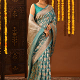 Classic Aqua Blue Floral Jaal Banarasi Silk Saree