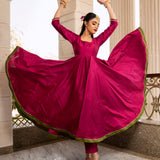 Magenta Rose Printed Silk Blend Anarkali Set With Olive Border