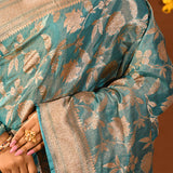 Classic Aqua Blue Floral Jaal Banarasi Silk Saree