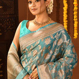 Classic Aqua Blue Floral Jaal Banarasi Silk Saree