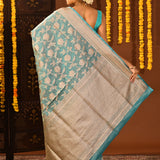 Classic Aqua Blue Floral Jaal Banarasi Silk Saree