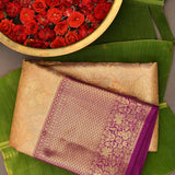 Peach Kanjivaram Silk Saree With Purple Border And Gold Zari Diamond Lattice Weave