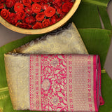 Olive Gold Kanjivaram Silk Saree With Pink Border And Gold Zari Floral Weave