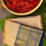Peach Kanjivaram Silk Saree With Navy Blue Woven Peacock Border