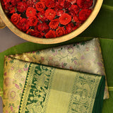 Golden Beige Kanjivaram Silk Saree With Bottle Green Woven Border And Pink Floral Jaal
