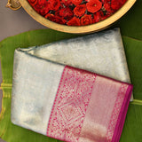 Pista Green And Pink Kanjivaram Silk Saree With Zari Paisley Border