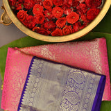 Pink Kanjivaram Silk Saree With Navy Blue Peacock Zari Border