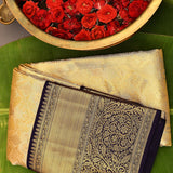 Exquisite Cream And Midnight Blue Kanjivaram Silk Saree With Gold Zari Brocade