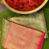 Olive Green Kanjivaram Silk Saree With Red-Gold Floral Border