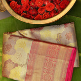 Contemporary Pale Champagne And Crimson Kanjivaram Silk Saree