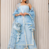 Powder Blue Silk Blend Salwar Set With Floral Organza Dupatta