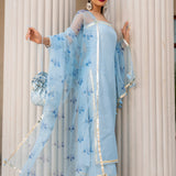 Powder Blue Silk Blend Salwar Set With Floral Organza Dupatta