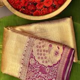 Gold Kanjivaram Silk Saree With Peacock Motif Border And Wine Pallu