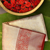 Radiant Beige & Deep Red Handwoven Kanjivaram Silk Saree With Grand Floral Zari Weave