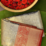 Grey Kanjivaram Silk Saree With Magenta Pallu And Gold Paisley Border