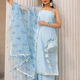Powder Blue Silk Blend Salwar Set With Floral Organza Dupatta