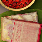 Beige Kanjivaram Silk Saree With Multicolor Floral Pallu And Pink Zari Border