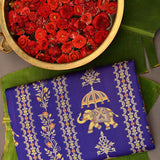 Navy Blue Kanjivaram Silk Saree With Orange Border And Multicolour Floral Paisley Weave