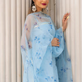 Powder Blue Silk Blend Salwar Set With Floral Organza Dupatta