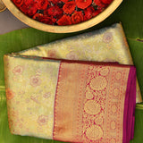 Mint Green Kanjivaram Silk Saree With Magenta Floral Zari Border