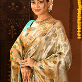 Metallic Gold And Sea Green Traditional Kanjivaram Silk Saree