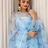 Powder Blue Silk Blend Salwar Set With Floral Organza Dupatta