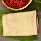 Beige Kanjivaram Silk Saree With Red Border And Gold Zari Lotus Weave