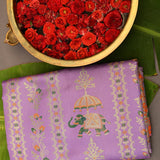 Lavender Kanjivaram Silk Saree With Orange Border And Multicolour Elephant Shikargah Weave