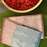 Kanjivaram Silk Saree In Rose Pink With Gold Zari Bird And Floral Jaal And Contrast Teal Gold Zari Border