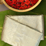 Sophisticated Muted Grey & Gold Handwoven Kanjivaram Silk Saree With Intricate Jaal Weave