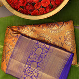 Mustard Orange Kanjivaram Silk Saree With Violet Paisley Weave And Medallion Pallu