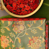 Sage Green Kanjivaram Silk Saree With Red Border And Multicolour Patola-Inspired Weave
