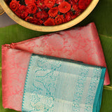 Peach Kanjivaram Silk Saree With Teal Peacock Zari Border