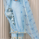 Powder Blue Silk Blend Salwar Set With Floral Organza Dupatta