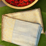 Elegant Pastel Peach & Blue Handwoven Kanjivaram Silk Saree With Intricate Floral Jaal