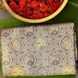 Gold Kanjivaram Silk Saree With Navy Blue Contrast Border And Multicolour Floral Medallion Weave