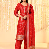 Crimson Red Floral Dupion Silk Kurta Set