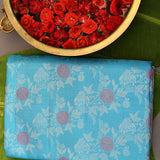Teal Blue Kanjivaram Silk Saree With Self Border And Multicolour Rose Weave