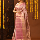 Pink Tissue Kanjivaram Silk Saree With Gold Zari Border