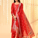 Crimson Red Floral Dupion Silk Kurta Set