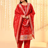 Crimson Red Floral Dupion Silk Kurta Set