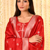Crimson Red Floral Dupion Silk Kurta Set