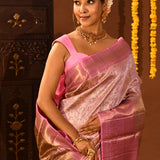 Pink Tissue Kanjivaram Silk Saree With Gold Zari Border