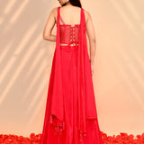 Bright Red Satin Crepe Indo-Western Set