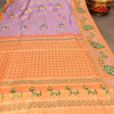 Lavender Kanjivaram Silk Saree With Orange Border And Multicolour Elephant Shikargah Weave
