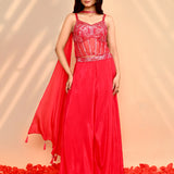Bright Red Satin Crepe Indo-Western Set